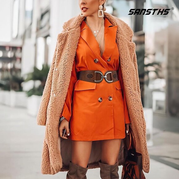 Women's Vintage Faux Leather Stretchy Wide Belt Chunky Buckle Elastic Wide Waist - Picture 3 of 6